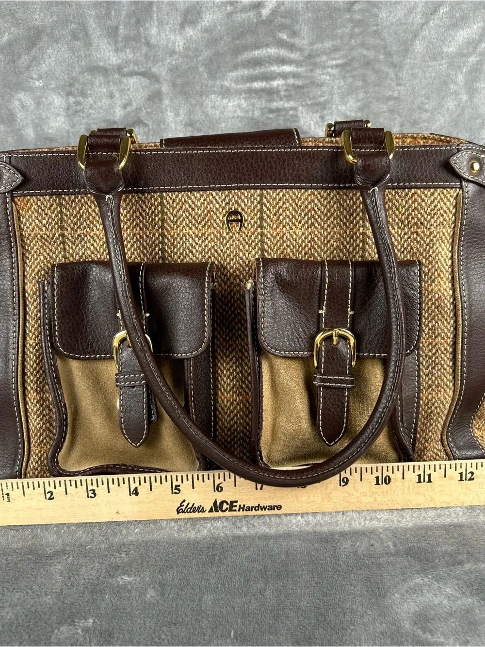 Vintage ETIENNE AIGNER Plaid Wool Tweed Leather & Suede Tote Satchel Bag Handbag
